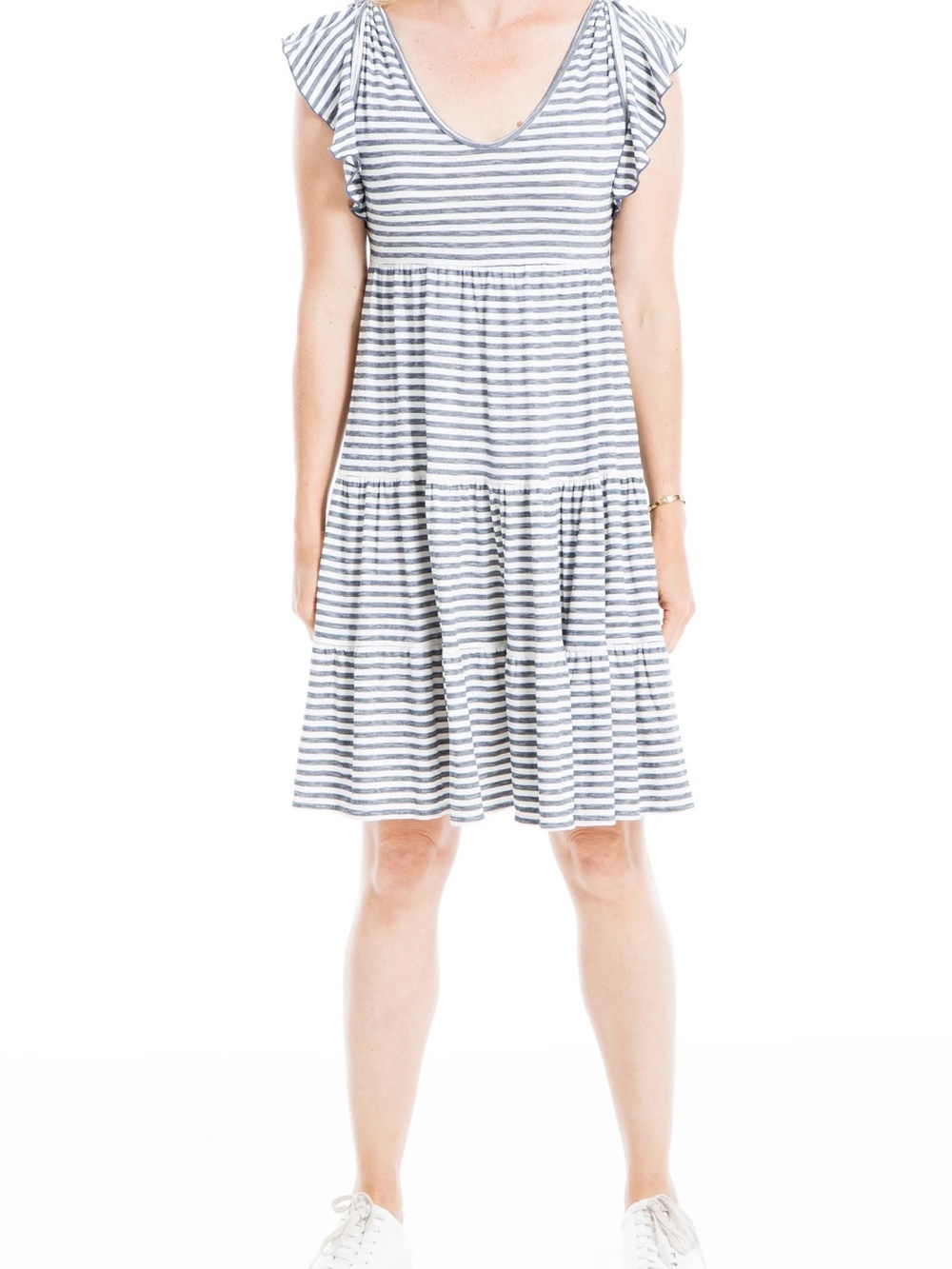 Striped Short Sleeve Tiered Flutter Sleeve Dress - Blue/White